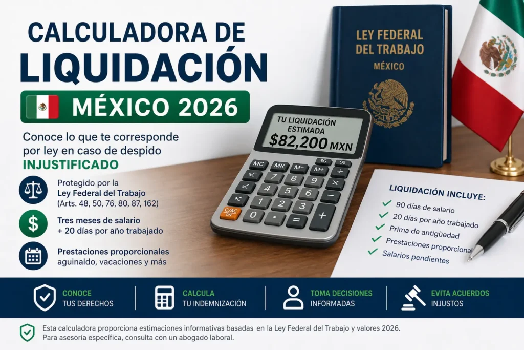 Calculadora de liquidación México 2026 para calcular indemnización por despido injustificado.
