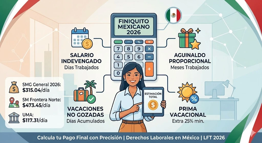 Calculadora de finiquito 2026 en México para el cálculo de prestaciones laborales, aguinaldo proporcional y vacaciones según la LFT.
