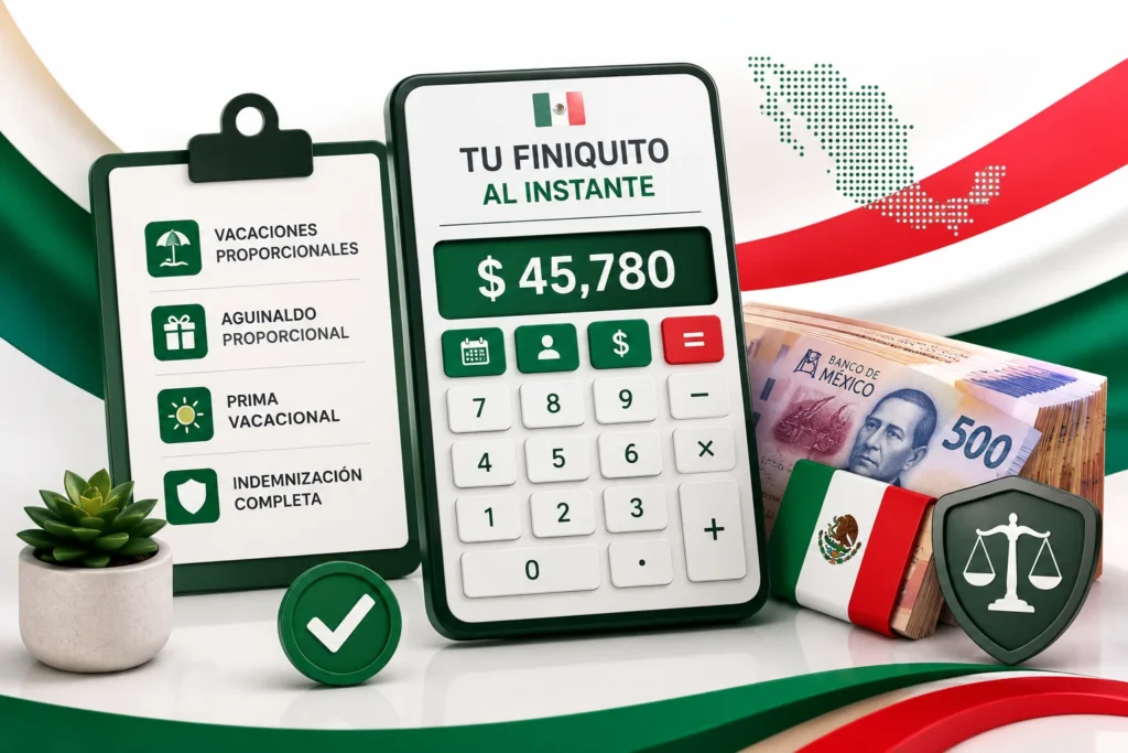 Ilustración de una calculadora de finiquito y liquidación en México 2026 con calculadora, pesos mexicanos y elementos representativos de la Ley Federal del Trabajo.