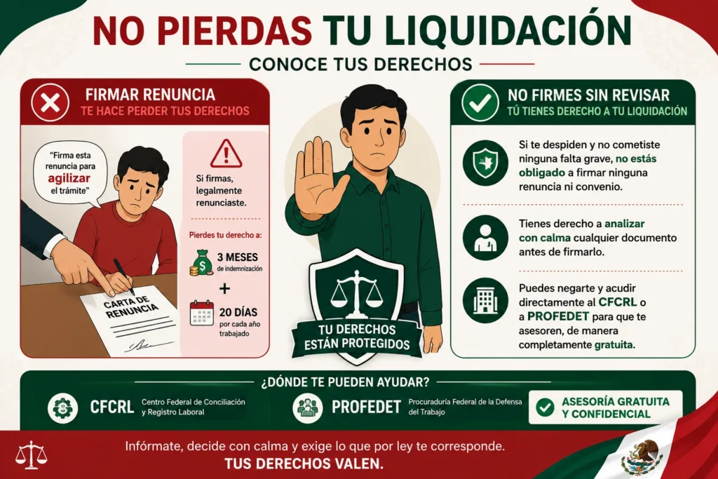 Infografía sobre qué hacer si te despiden en México: no firmar una carta de renuncia sin revisarla, proteger tu derecho a la liquidación y buscar asesoría gratuita del CFCRL o PROFEDET.