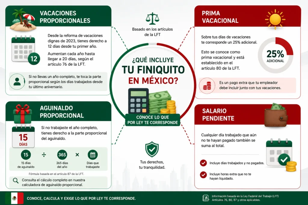 Infografía que muestra qué incluye el finiquito en México: vacaciones proporcionales, prima vacacional, aguinaldo proporcional y salario pendiente conforme a la Ley Federal del Trabajo.