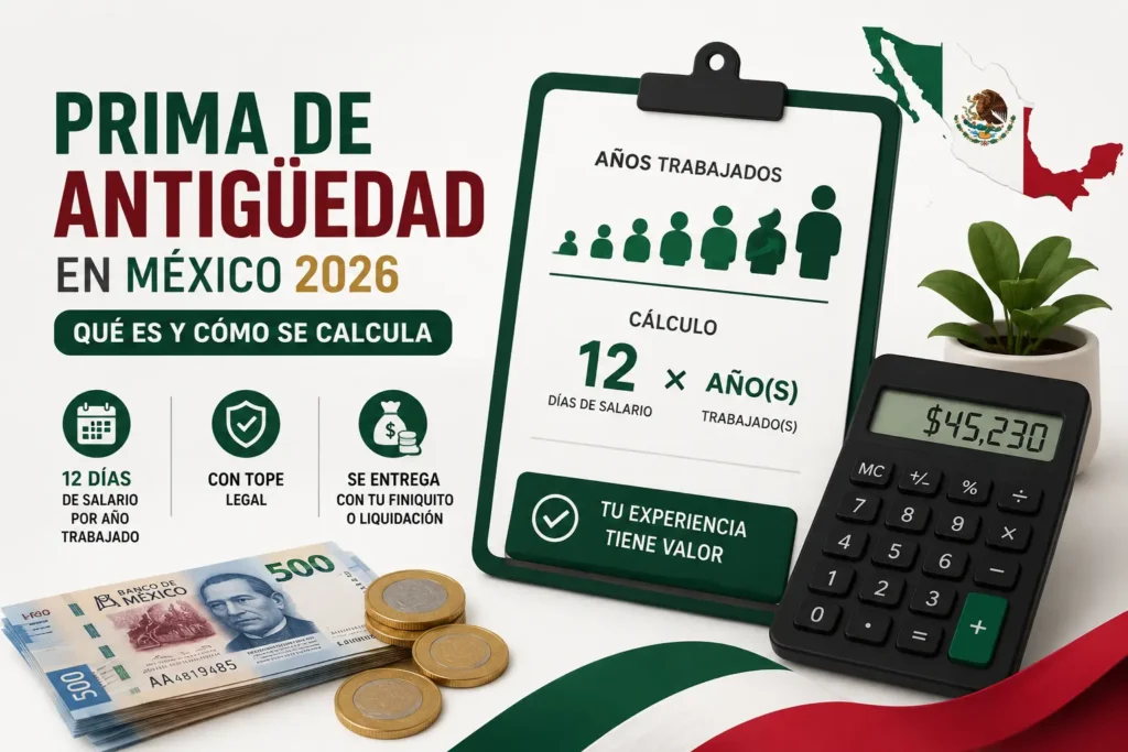 Infografía sobre la prima de antigüedad en México 2026 que muestra el cálculo de 12 días de salario por cada año trabajado conforme a la Ley Federal del Trabajo.