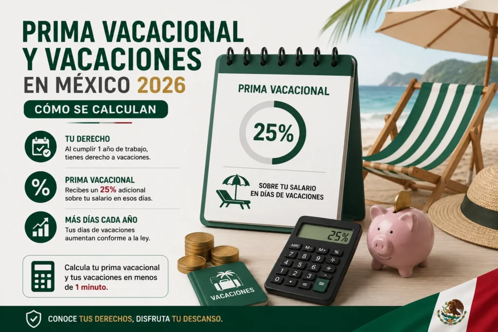 Infografía sobre la prima vacacional y las vacaciones en México 2026 que explica el pago adicional del 25% sobre el salario durante las vacaciones y el aumento de los días de descanso conforme a la Ley Federal del Trabajo.