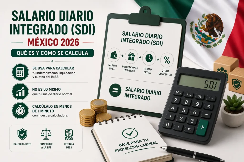Infografía sobre el Salario Diario Integrado (SDI) en México 2026 que explica qué es, cómo se calcula y su uso para calcular la liquidación, la indemnización y las cuotas del IMSS.